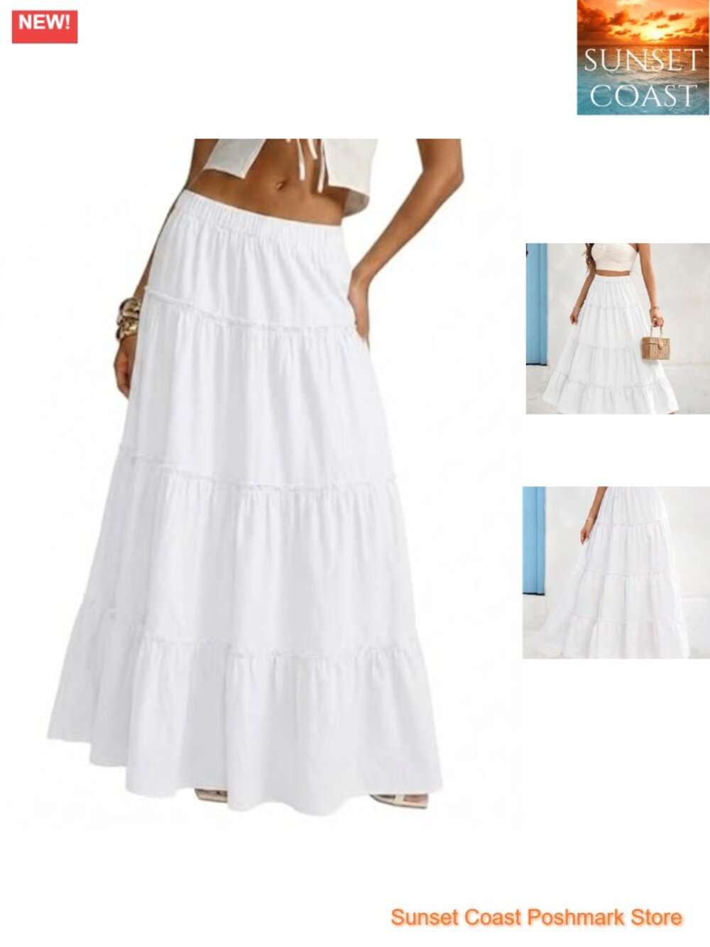 100% Cotton Maxi Skirt Flowy Tiered Elastic Waist A Line Boho Summer